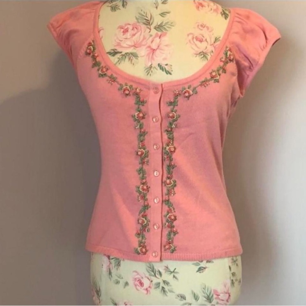 Vintage Y2K Betsey Johnson pink floral embroidered sweater L